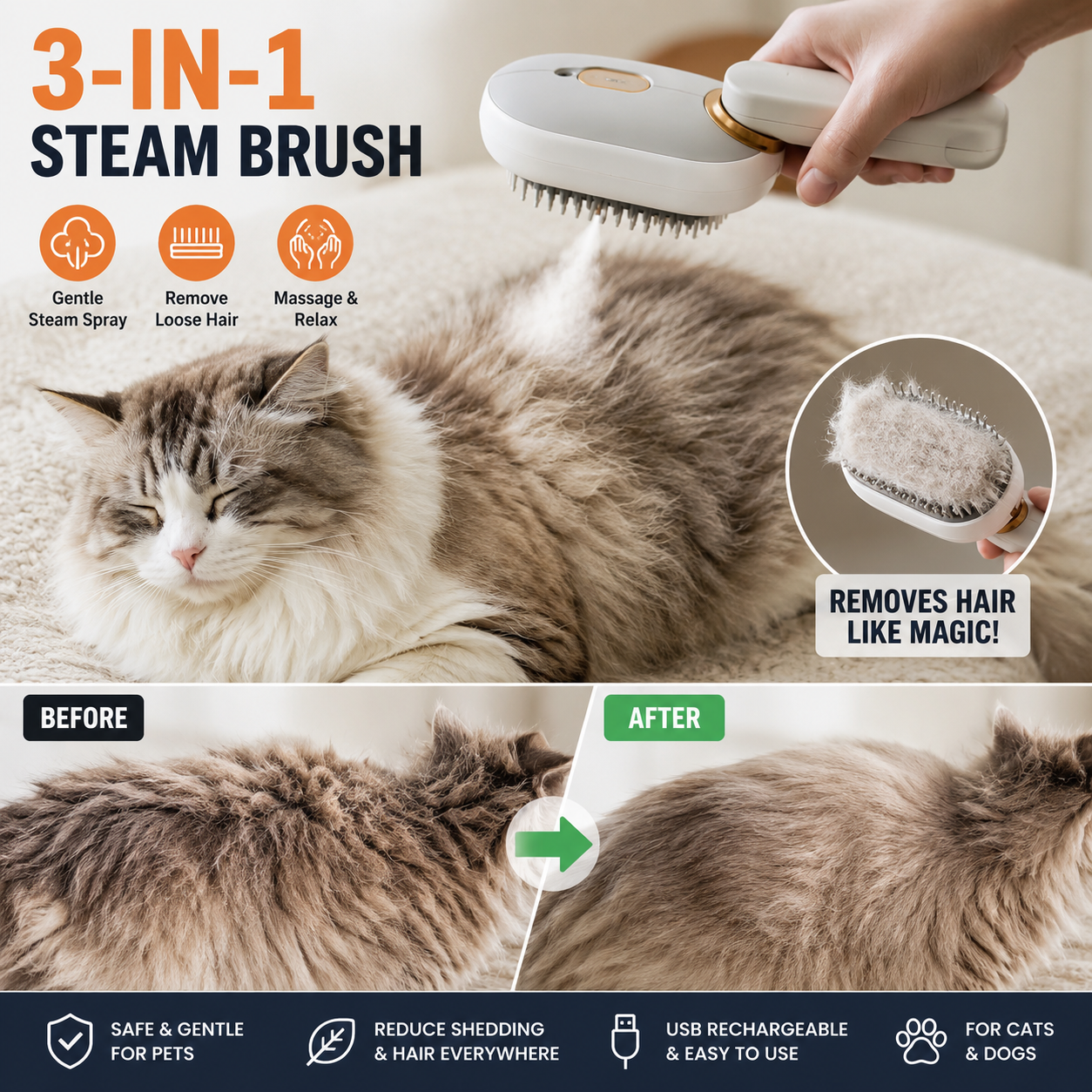 SteamBrush™ 3-in-1 Pet Grooming & Massage Brush